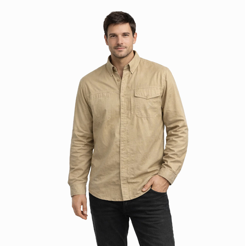 Man wearing a beige button-up shirt on a white background
