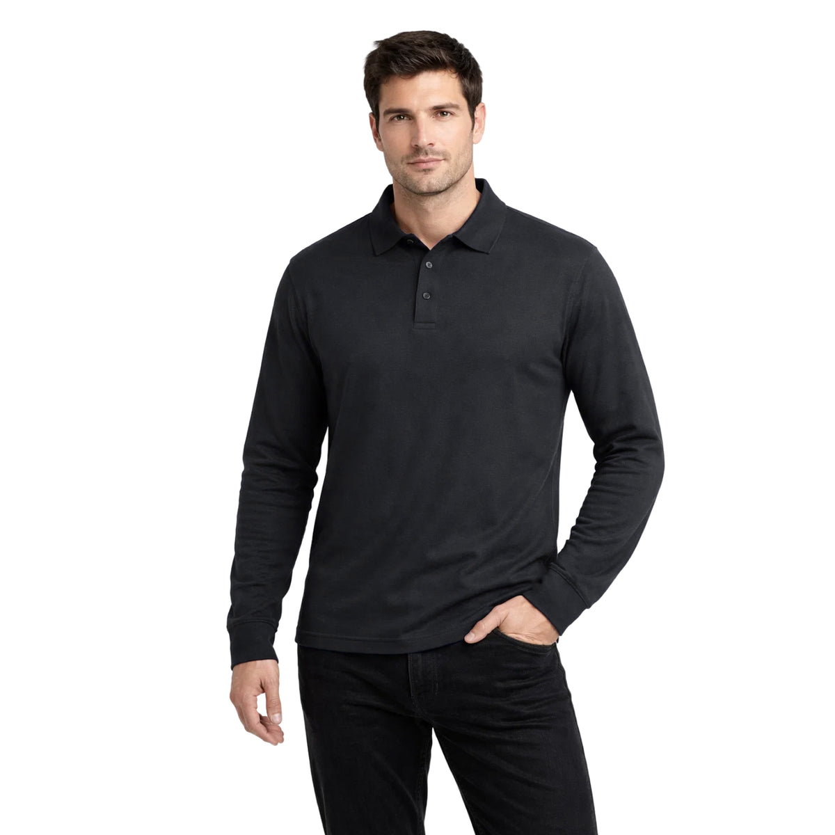 Polera Pique Manga Larga PF 913N Negra Hombre